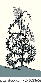 Closeup view dry ill sick pain tare chaff good corn twig white sky text space. Dark black outline ink pen hand drawn god Jesus Christ gospel word sower story floral prickly tore stem flora leaf foliage botany logo emblem picture retro line art style