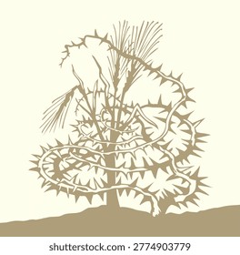 Closeup view dry ill sick pain tare chaff good corn twig white sky text space. Dark black outline ink pen hand drawn god Jesus Christ gospel word sower story floral prickly tore stem flora leaf foliage botany logo emblem picture retro line art style