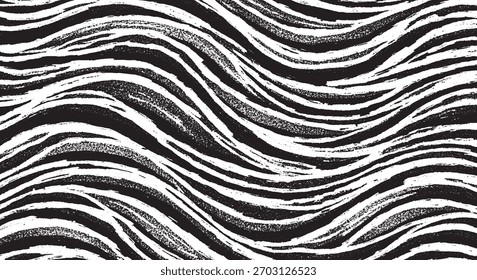 Vista de cerca de un dinámico patrón de rayas onduladas en blanco y negro, creando un fondo abstracto y texturizado.