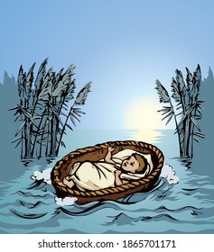 Closeup view exodus cute newborn israeli slave male human cry. Nile sea wave grass bush plant nature sky scene text space. Bright blue color hand drawn king sleep icon sign design retro church art 