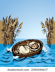 Closeup view exodus cute newborn israeli slave male human cry. Nile grass bush plant sky scene text space. Bright blue color hand drawn king sleep logo icon sign design. Retro church art doodle line s
