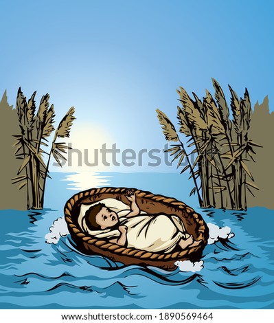 Closeup view exodus cute newborn israeli slave male human cry. Nile sea wave summer nature grass bush plant sky sun scene text space. Bright blue color hand drawn king sleep icon sign church art style