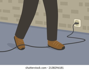 Close  up view foot caught in electrical cord tripping over it at home office  Workplace safety rules  Cover cords   cables that cross walkways  Flat vector illustration template 
