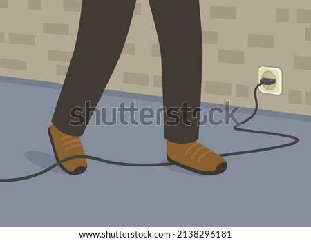 Close-up view of foot caught in electrical cord tripping over it at home or office. Workplace safety rules. Cover cords and cables that cross walkways. Flat vector illustration template. Foto stock © 