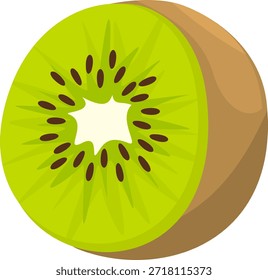 Vista de cerca de una rebanada de kiwi fresco, mostrando su pulpa verde brillante, pequeñas semillas negras y un centro blanco distintivo, perfecto para conceptos de alimentación saludable.