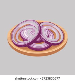 Close-up view of fresh, thinly sliced red onion rings arranged on a simple wooden plate, isolated on a neutral background.