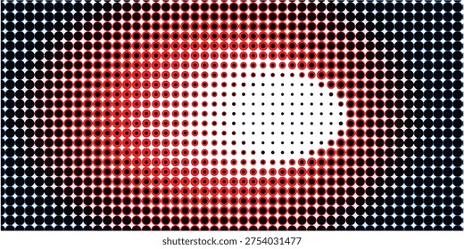 A close-up view of a halftone pattern, transitioning from dark to red and then to a bright white center, creating a gradient effect.