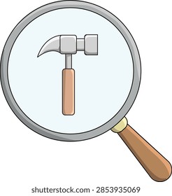A close-up view of a hammer seen through a magnifying glass, highlighting its details.