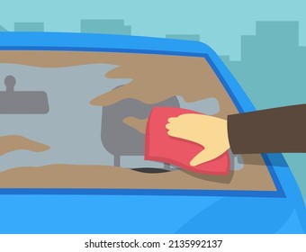 Close-up view of a hand cleaning a vehicle's dirty dust windshield with rag. Person wiping the front window. Flat vector illustration template.