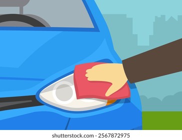 Close-up view of a hand cleaning a vehicle's headlight with rag. Wiping the front lamps. Flat vector illustration template.