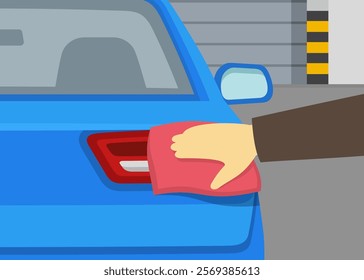 Close-up view of a hand cleaning a vehicle's rear lights with rag in the garage. Wiping the tail lamps. Flat vector illustration template.