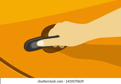 Close-up view of a hand opening a car rear door. Hand on handle. Flat vector illustration template.