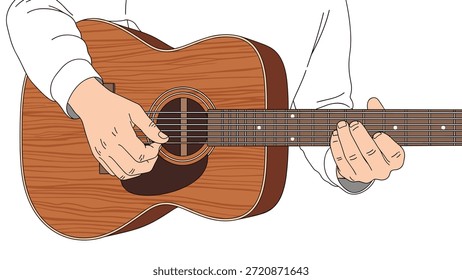 Nahaufnahme von Händen, die gekonnt Akkorde auf dem Griffbrett einer Akustikgitarre spielen, die die Leidenschaft und die Kunst eines Musikers hervorheben.