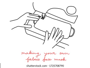 Closeup view of hands using sewing machine sewing fabric face mask. Diseases Prevention concept with woman sewing her own face mask. Hands making cloth face covering. Sewing handmade face mask at home