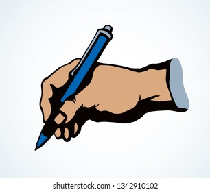 Closeup view human author memo icon. Guy arm record greet text on white space. Blue ink drawn artwork vintage vote list logo painting. Line meet prescript design draft in retro doodle cartoon style