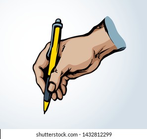 Closeup view human author memo icon. Woman arm record greet text on white space. Ink drawn artwork vintage vote list logo concept. Line meet prescript emblem design draft in retro doodle cartoon style