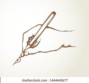 Closeup view human author memo icon. Woman arm record greet text on white space. Outline black ink drawn artwork vintage vote list logo. Line meet prescript design draft in retro doodle cartoon style