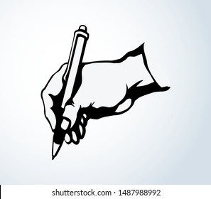 Closeup view human author memo icon. Woman arm record greet text on white space. Outline black ink drawn artwork vintage vote list logo. Line meet prescript design draft in retro doodle cartoon style