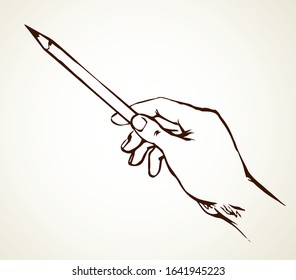Closeup view human author memo pointer. Female teacher white space text. Outline black ink artwork vintage male writer palm scribble letter list logo concept. Line draft in retro doodle cartoon style