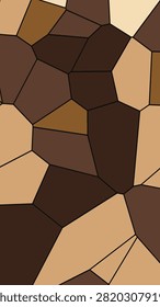 A close-up view of an irregular mosaic composed of polygonal tiles in varying brown tones and beiges, separated by dark outlines creating a stained-glass effect.