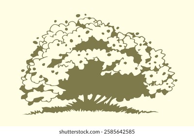 Closeup view large old lush twig verdure light even sky backdrop text space. Dark black ink pen line hand drawn big ripe eco grow orchard green grass emblem design retro art print contour pencil style