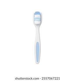  A close-up view of a light blue toothbrush against a stark white backdrop. The toothbrush has a white handle and a blue head.