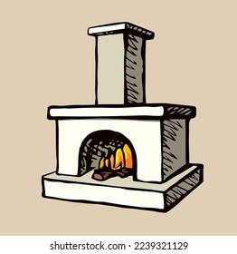 Closeup view line age stone brick clay fiery white house room text space. Outline black pen hand drawn folk ethnic Russia wooden log hot bread eat logo icon sign emblem art doodle cartoon style design