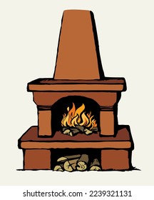 Closeup view line age stone brick clay fiery white house room text space. Outline black pen hand drawn folk ethnic Russia wooden log hot bread eat logo icon sign emblem art doodle cartoon style design