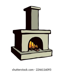 Closeup view line age stone brick clay fiery white house room text space. Outline black pen hand drawn folk ethnic Russia wooden log hot bread eat logo icon sign emblem art doodle cartoon style design