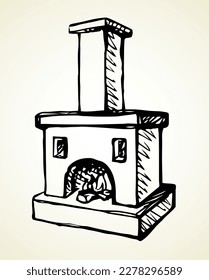 Closeup view line age stone brick clay fiery white house room text space. Outline black pen hand drawn folk ethnic Russia wooden log hot bread eat logo icon sign emblem art doodle cartoon style design