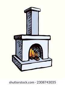 Closeup view line age stone brick clay fiery white house room text space. Outline black pen hand drawn folk ethnic Russia wooden log hot bread eat logo icon sign emblem art doodle cartoon style design