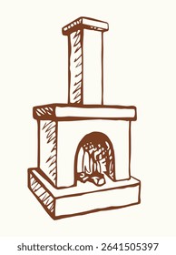 Closeup view line age stone brick clay fiery white house room text space. Outline black pen hand drawn folk ethnic Russia wooden log hot bread eat logo icon sign emblem art doodle cartoon style design