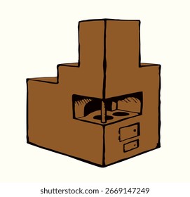 Closeup view line age stone brick clay fiery white house room text space. Outline black pen hand drawn folk ethnic Russia wooden log hot bread eat logo icon sign emblem art doodle cartoon style design