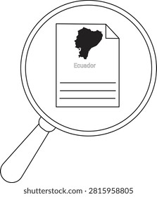A close-up view of a magnifying glass focused on a document displaying the outline of Ecuador and the word Ecuador.