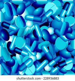 Close-up view of many different drugs in blue and white. Vector illustration