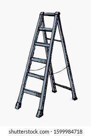 Closeup view modern long stepladder on light wall backdrop. Freehand outline black ink hand drawn simple old tall object logo pictogram design in retro art scribble print style pen on paper text space