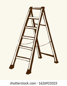 Closeup view modern long stepladder on light wall backdrop. Freehand outline black ink hand drawn simple old tall object logo pictogram design in retro art scribble print style pen on paper text space