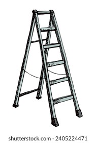 Vista de cerca de la moderna y larga escalera en el fondo de una pared clara. Esquema de mano libre tinta negra dibujado a mano simple objeto alto diseño de imagen de imagen en estilo de escritura de arte retro lápiz de estilo de impresión en espacio de texto de papel