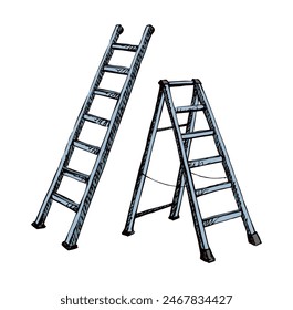 Closeup view modern long stepladder on light wall backdrop. Freehand outline black ink hand drawn simple old tall object logo pictogram design in retro art scribble print style pen on paper text space