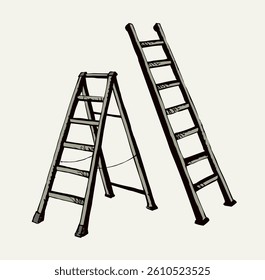 Closeup view modern long stepladder on light wall backdrop. Freehand outline black ink hand drawn simple old tall object logo pictogram design in retro art scribble print style pen on paper text space