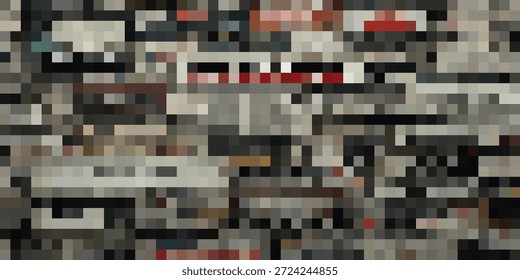 Uma vista de perto de um mosaico composto de pequenos pixels quadrados em vários tons de cinza, preto, branco e vermelho, criando um padrão geométrico abstrato.