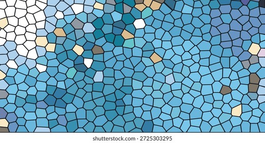 Nahaufnahme eines Mosaiks mit unregelmäßigen, tessellierenden Polygonen in Blau-, Teal- und Gelb- und Lilatönen.