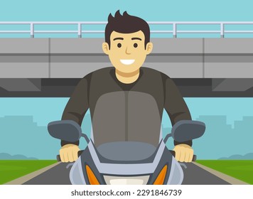 Close-up view of motorcyclist without helmet rides motorcycle under overpass. Flat vector illustration template.