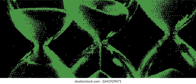 A close-up view of multiple hourglasses rendered in a striking green gradient highlights the concept of time slipping away. The interplay of light and shadow creates depth. Bitmap y2k zine bg. 