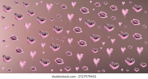 Vista de cerca de numerosas gotitas de agua en forma de corazón dispersas por una superficie, reflejando la luz y creando un patrón suave, romántico y delicado.