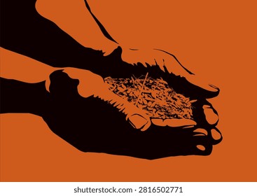 Closeup view old ancient antique palm collect whole ripe barley rye flake give earth healthy grass yield oat corn eat white sky text space. Dark black drawn biblic ground land feed rice spring season concept retro female girl slave beg god art style