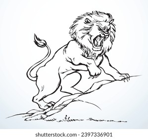 Closeup view old big furry scare walk leg fear white Africa sky text space. Outline black hand drawn scary fur tail muzzle eye fierc mad pet open jaw grin snarl fight paw retro line art style zoo logo