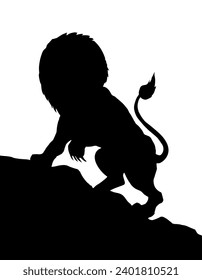 Closeup view old big furry scare walk leg fear white Africa sky text space. Outline black hand drawn scary fur tail muzzle eye fierc mad pet open jaw grin snarl fight paw retro line art style zoo logo
