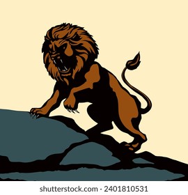 Closeup view old big furry scare walk leg fear white Africa sky text space. Outline black hand drawn scary fur tail muzzle eye fierc mad pet open jaw grin snarl fight paw fang retro art style zoo logo