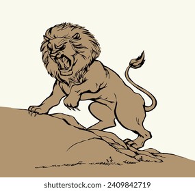 Closeup view old big furry scare walk leg fear white Africa sky text space. Outline black hand drawn scary fur tail muzzle eye fierc mad pet open jaw grin snarl fight paw retro line art style zoo logo